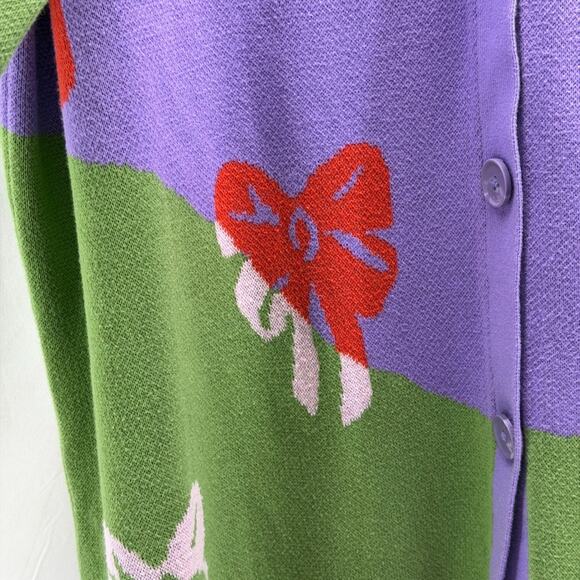 Monki Purple and Green Cardigan with Red Bow Pattern - Picture 3 of 9